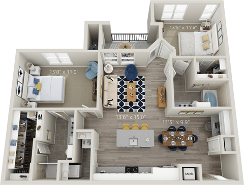 B6 - Luxury two bedroom apartment with living room kitchen with island laundry room two bathrooms with bathtub and shower walk in closet and patio with storage